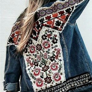 New Boho Embroidered Beaded Denim Jacket Coat